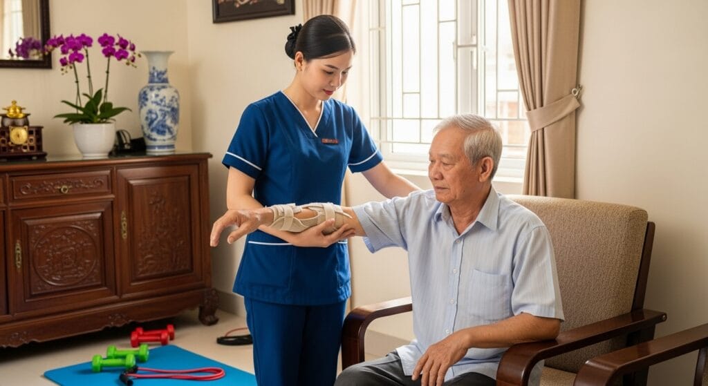 Chuyên viên y tế Elite Care hỗ trợ tập vật lý trị liệu phục hồi chức năng gãy xương tại nhà.