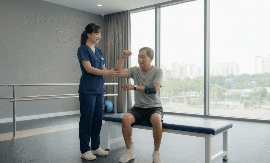 Ảnh minh họa y khoa chân thực, phong cách realistic medical photography, mô tả quá trình vật lý trị liệu và phục hồi chức năng sớm cho bệnh nhân sau phẫu thuật trong bệnh viện hiện đại. Trung tâm hình ảnh là một chuyên viên vật lý trị liệu đang nhẹ nhàng hỗ trợ bệnh nhân hậu phẫu tập vận động bên cạnh giường bệnh, với các động tác đơn giản như nâng chân, tập ngồi dậy hoặc bước đi chậm với khung hỗ trợ.Bệnh nhân có biểu cảm tập trung nhưng thoải mái hơn, thể hiện quá trình hồi phục tích cực và kiểm soát cơn đau hiệu quả. Vùng cơ và khớp quanh vị trí phẫu thuật được nhấn nhẹ bằng hiệu ứng ánh sáng y khoa tinh tế để thể hiện tuần hoàn máu được cải thiện và cơ bắp thư giãn tự nhiên. Không sử dụng hiệu ứng công nghệ quá mạnh hay khoa học viễn tưởng.Không gian bệnh viện sạch sẽ, chuyên nghiệp, ánh sáng mềm và nhân văn. Bác sĩ hoặc kỹ thuật viên y tế theo sát bệnh nhân để tạo cảm giác an toàn và được chăm sóc chuyên sâu. Bố cục trực quan, tập trung vào yếu tố phục hồi vận động và hỗ trợ y khoa hiện đại.Phong cách ảnh người thật, cinematic healthcare photography, realistic hospital rehabilitation scene, chiều sâu tự nhiên, không CGI, không hoạt hình, không 3D render. Tông màu chủ đạo sử dụng #cb6ce6 và #004aad làm điểm nhấn nhẹ trên trang phục y tế, ánh sáng và thiết bị hỗ trợ. Hình ảnh tối giản, chuyên nghiệp, phù hợp minh họa bài viết y khoa về phục hồi chức năng hậu phẫu.