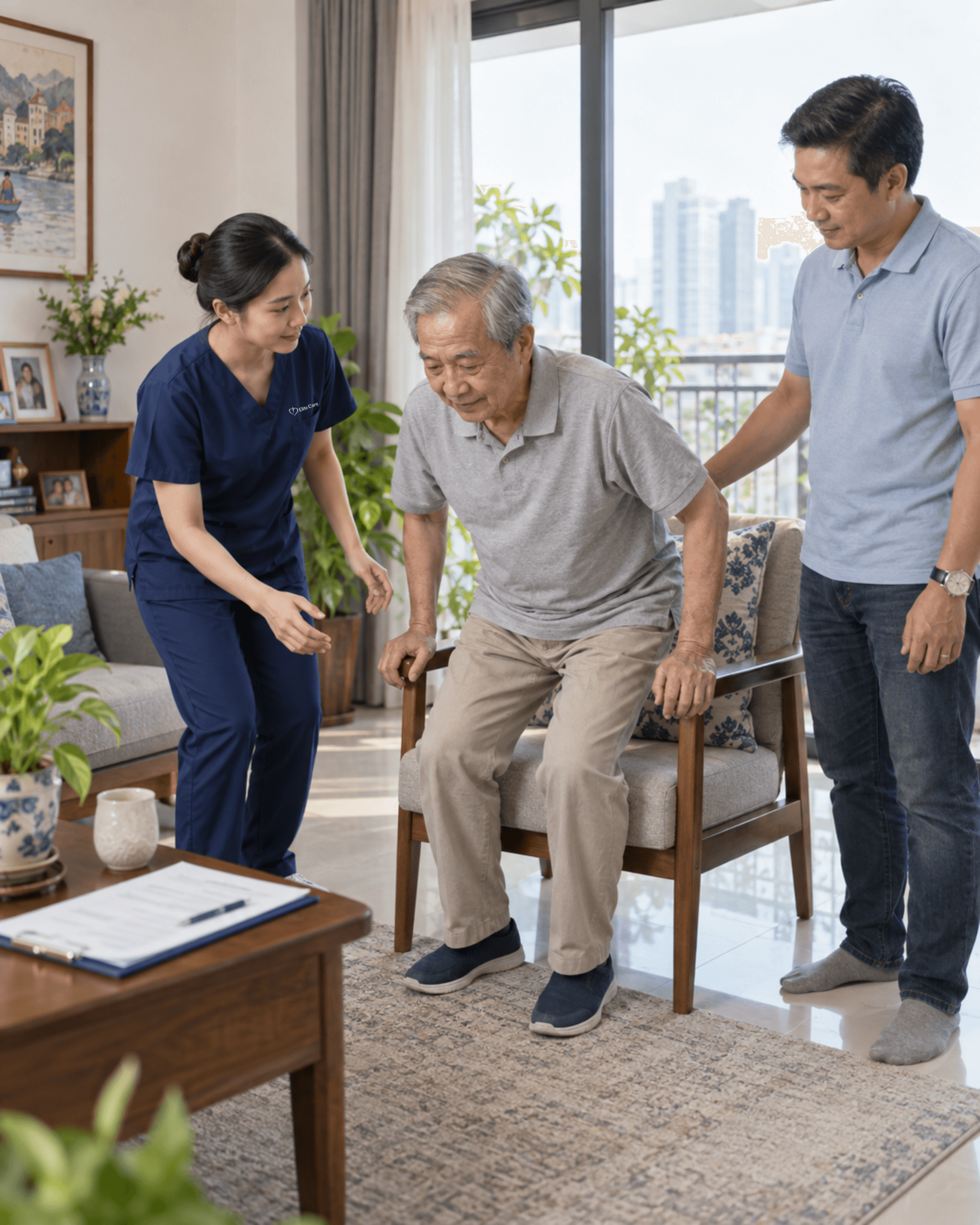 Chuyên viên Elite Care thực hiện đánh giá tình trạng chăm sóc tại nhà