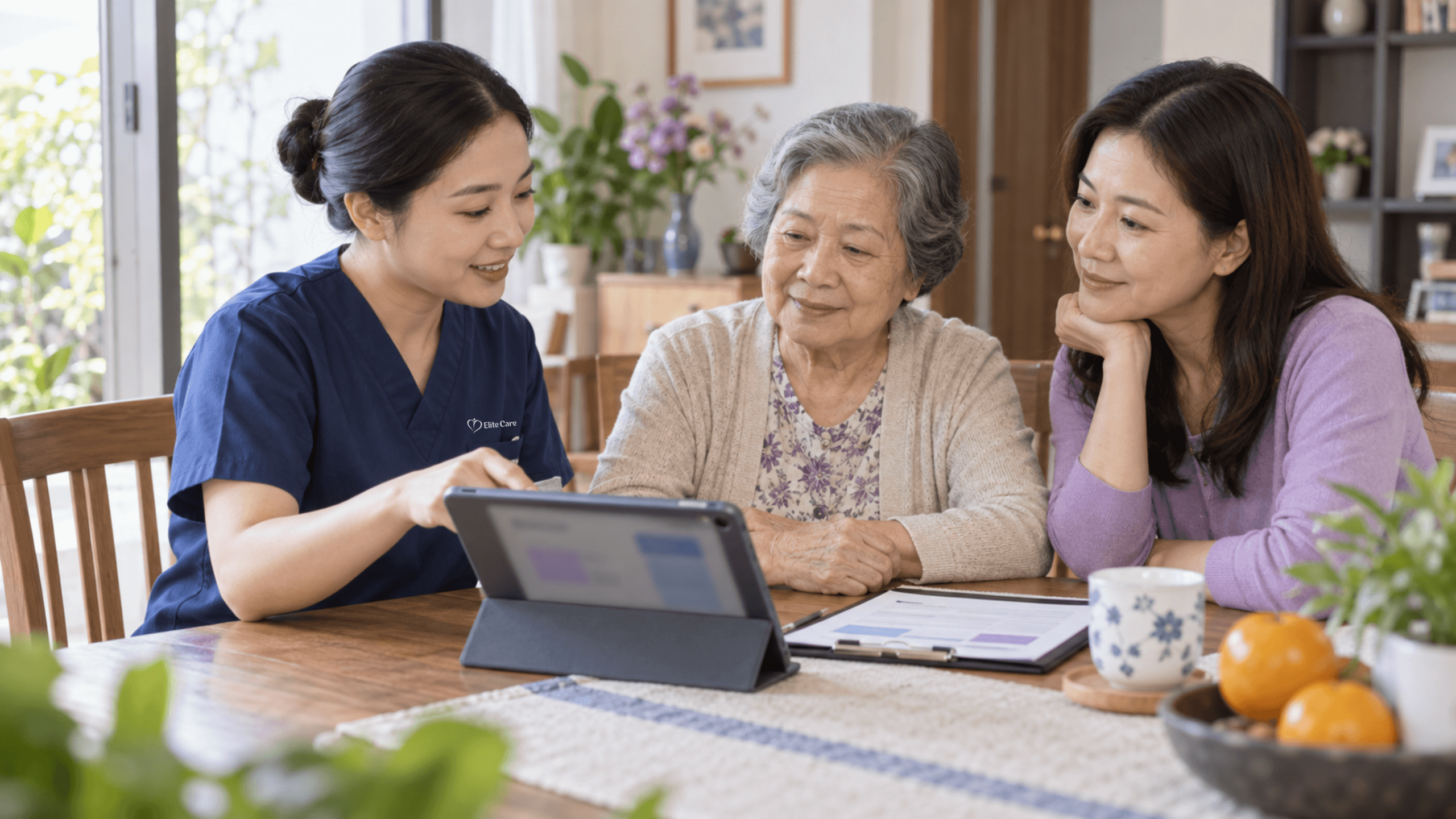 Chuyên viên Elite Care trao đổi và đánh giá tình trạng chăm sóc tại nhà