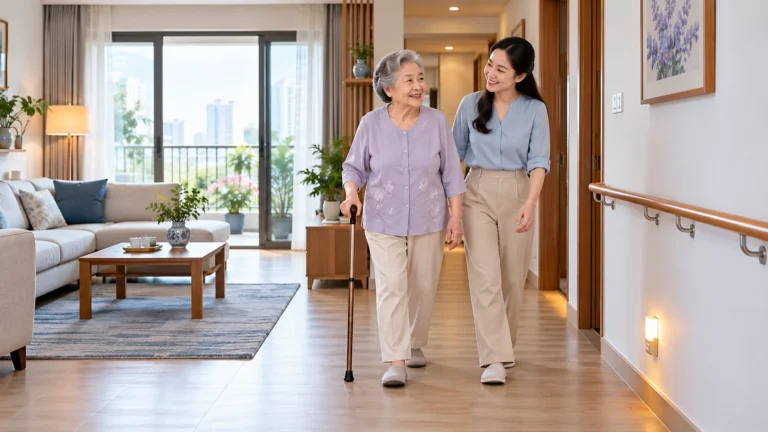 An toàn tại nhà cho người cao tuổi với lối đi rộng và tay vịn
