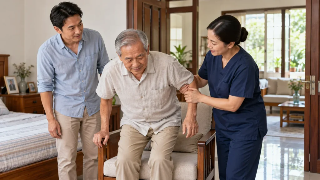 Người cao tuổi cần chăm sóc tại nhà được hỗ trợ đứng dậy an toàn