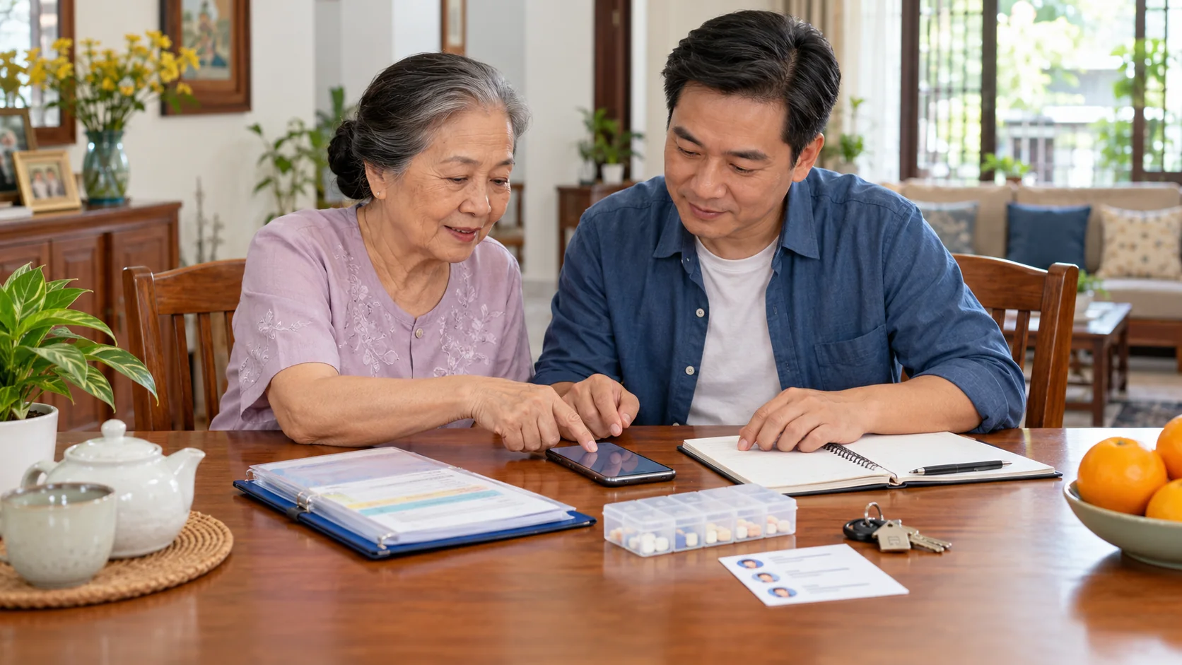 Người cao tuổi và con trai lập kế hoạch liên lạc khẩn cấp tại nhà