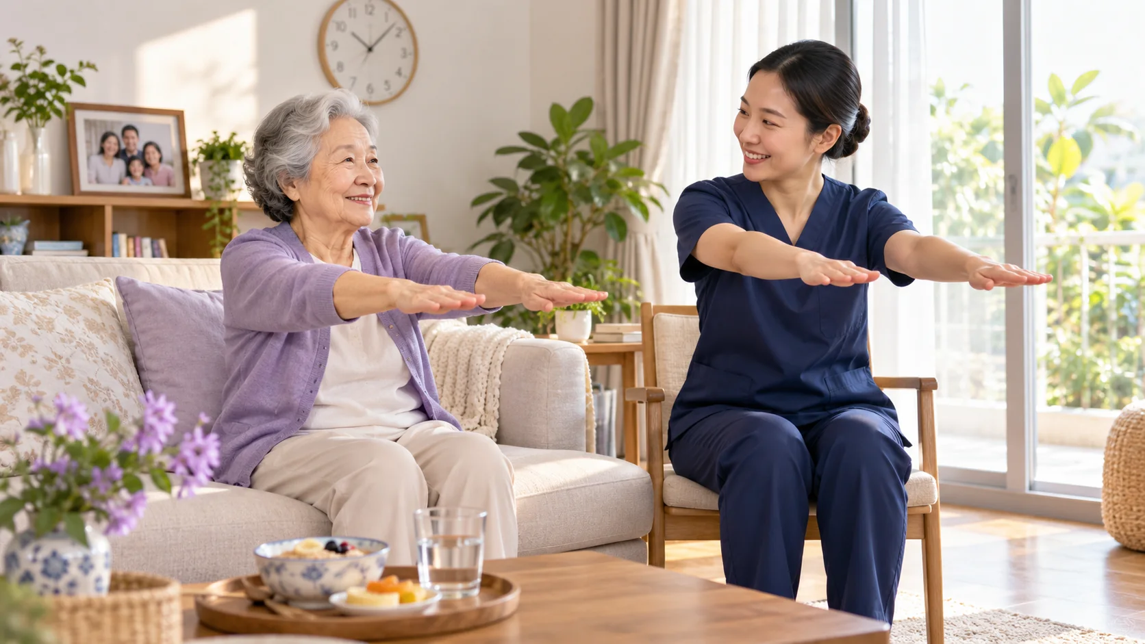 Lịch sinh hoạt cho người cao tuổi gồm vận động nhẹ và bữa sáng tại nhà