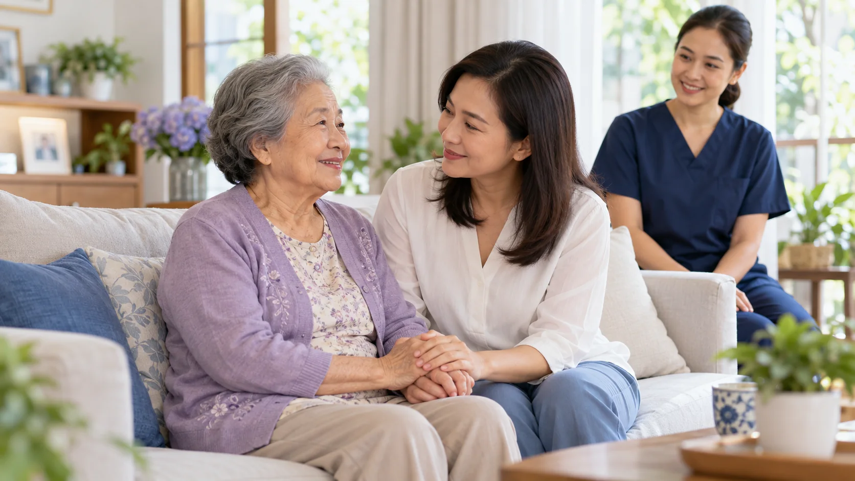 Ngày Quốc tế Người cao tuổi con gái trò chuyện cùng mẹ tại nhà
