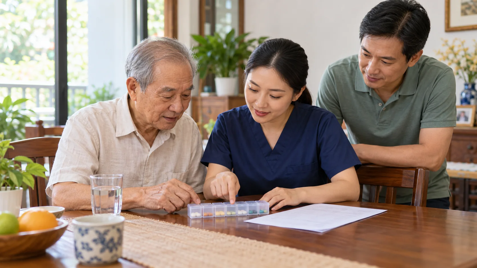 Gia đình và chăm sóc viên hỗ trợ quản lý thuốc cho người cao tuổi cần chăm sóc tại nhà